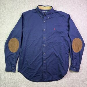 Polo Ralph Lauren Button Down Shirt Mens L Navy Blue Leather Elbow Patch